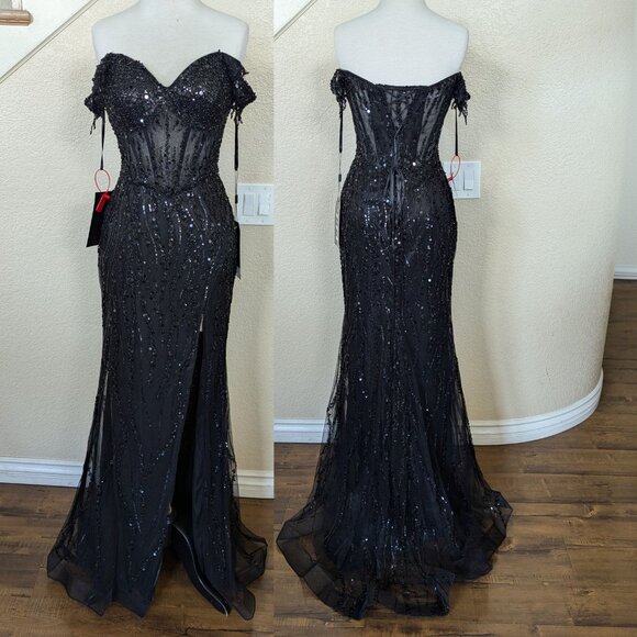 Black Sequin Off the shoulder Corset Formal Prom Evening Mermaid Dress 8 - Picture 2 of 4